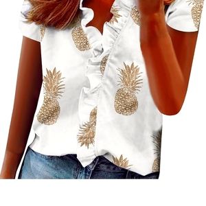 Loose Fit Tee Shirts Lady Short Sleeve Solid Stretch Flounce Summer T Shirt Vnec